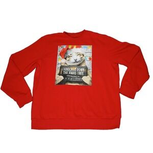 Hybrid Men's Adult XL Ugly Christmas Sweater Cat Design Red Holiday Pullover‎